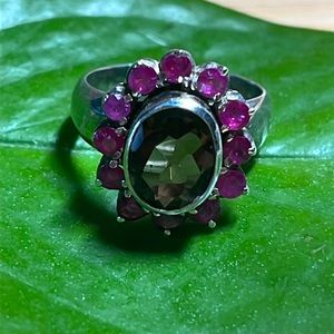 Ruby and Smokey Quartz and Sterling Silver Cocktail Ring